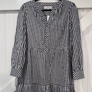 LOFT Black & White Gingham Tiered Babydoll Dress | Long Sleeve